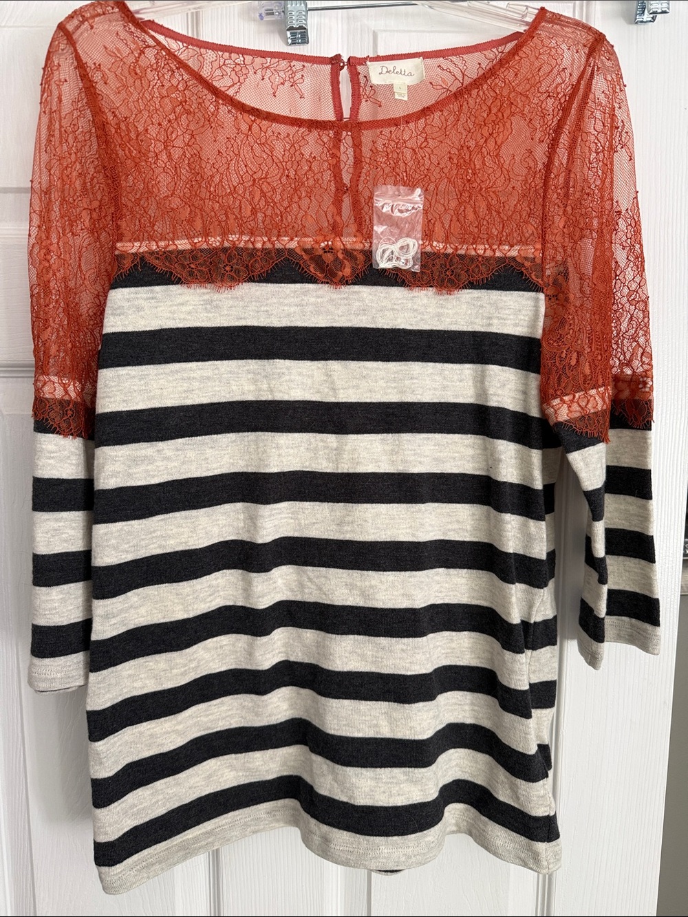 Anthropologie Striped Black & Cream Top with Rust Lace Yoke